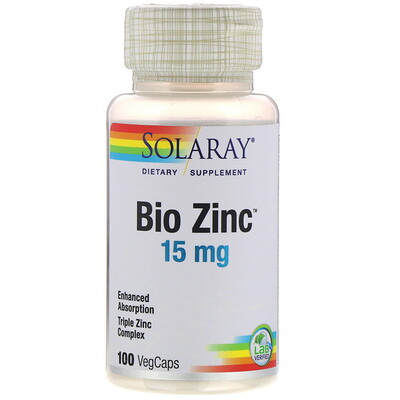 Solaray Bio Zinc, 15 мг, 100 растительных капсул