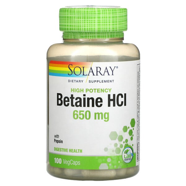 Solaray, High Potency Betaine HCL with Pepsin, 650 mg, 100 VegCaps