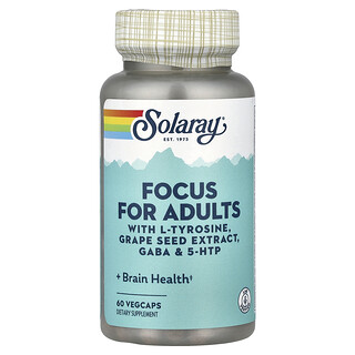 Solaray, Focus pentru adulți cu L-tirozină, extract din semințe de struguri, Gaba și 5-HTP, 60 capsule vegetale