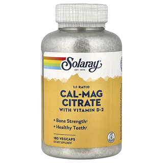 Solaray‏, Cal-Mag ציטראט עם ויטמין D-2, ביחס של 1:1, 180 כמוסות צמחיות