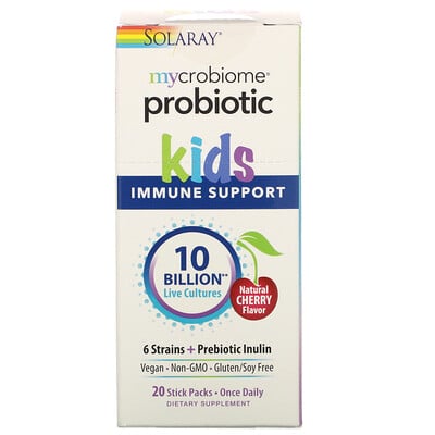 Solaray Mycrobiome Probiotic, Kids, Immune Support, Natural Cherry Flavor, 10 Billion Live Cultures, 20 Stick Packs