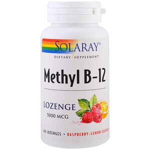 Solaray, Метил B-12, малина-лимон, 5000 мкг, 60 леденцов