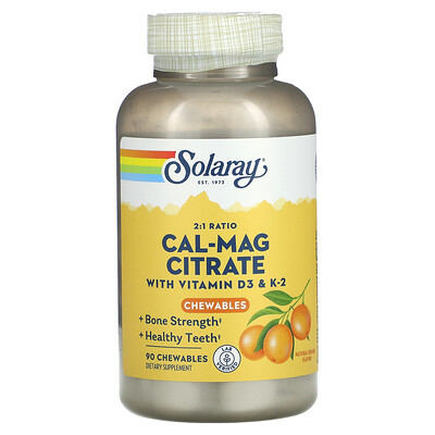 Solaray Цитрат магния и кальция с витаминами D3 и K2 натуральный апельсиновый вкус 90 жевательных таблеток