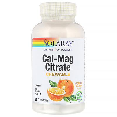 Solaray Цитрат магния и кальция с витаминами D3 и K2, натуральный апельсиновый вкус, 90 жевательных таблеток