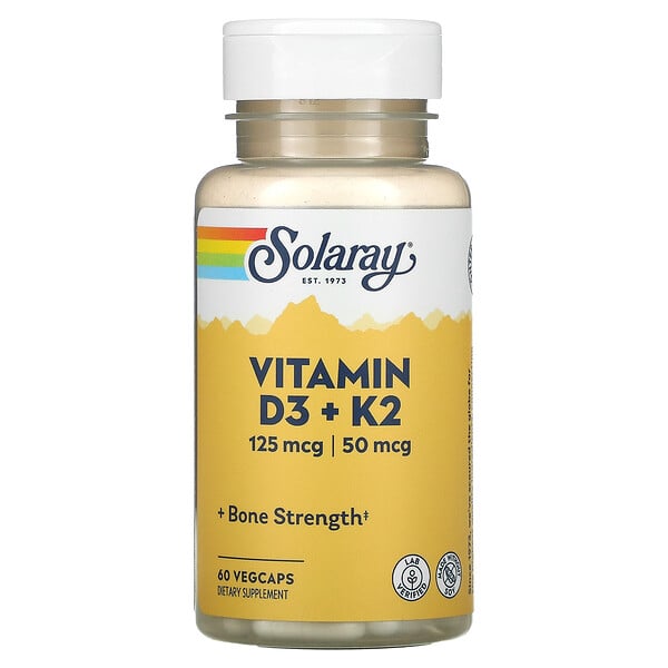 Solaray, Vitamin D3 + K2,Tidak Mengandung Kedelai, 60 Kapsul Nabati