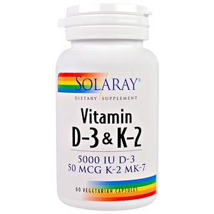 Solaray, Витамин D-3 и K-2, 5000МЕ, 60 вегетарианских капсул
