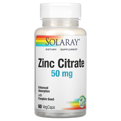 Solaray Zinc Citrate with Pumpkin Seed, 50 mg, 60 VegCaps