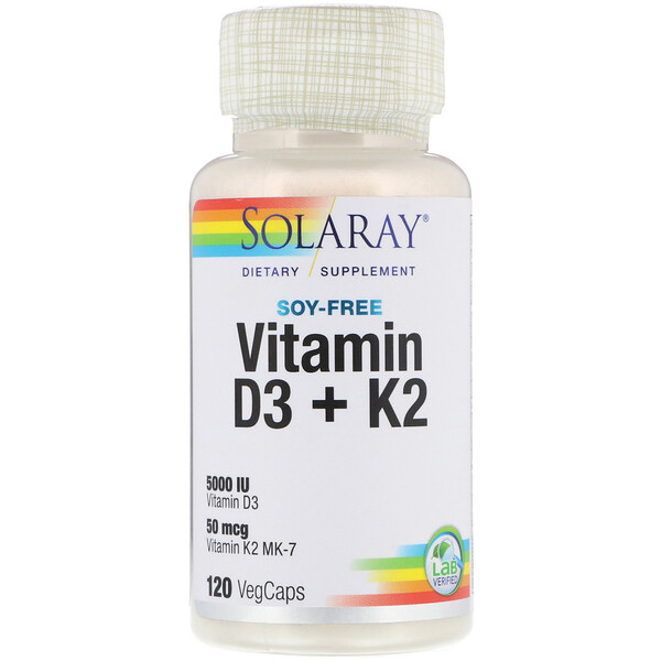 Solaray, Витамины D-3 + K-2 без сои, 120 капсул с оболочкой из ингредиентов растительного происхождения