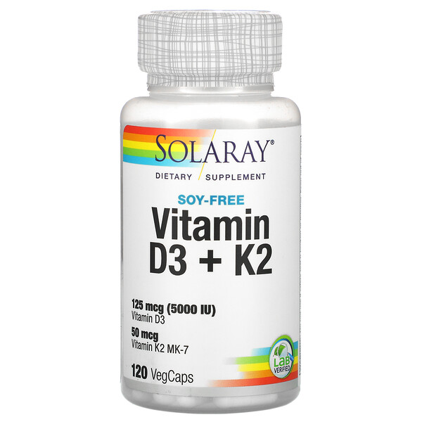 Solaray, витамины D3 и K2, без сои, 120 вегетарианских капсул