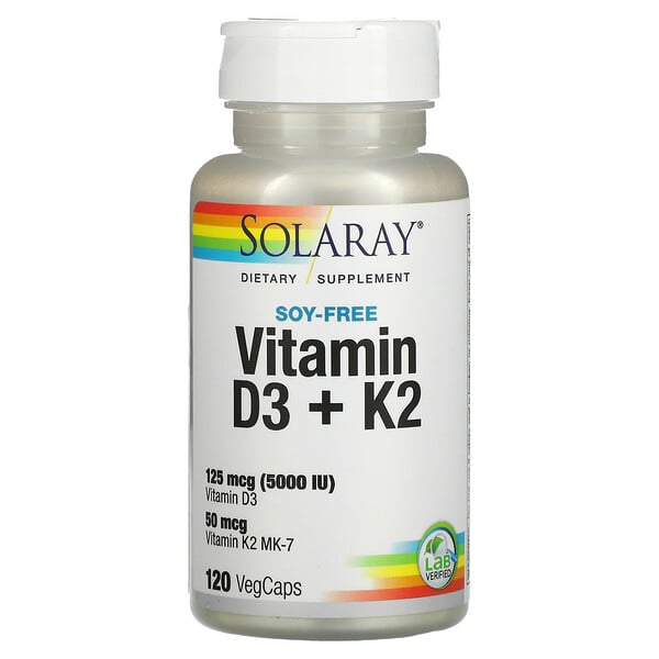 Solaray, витамины D3 и K2, без сои, 120 вегетарианских капсул
