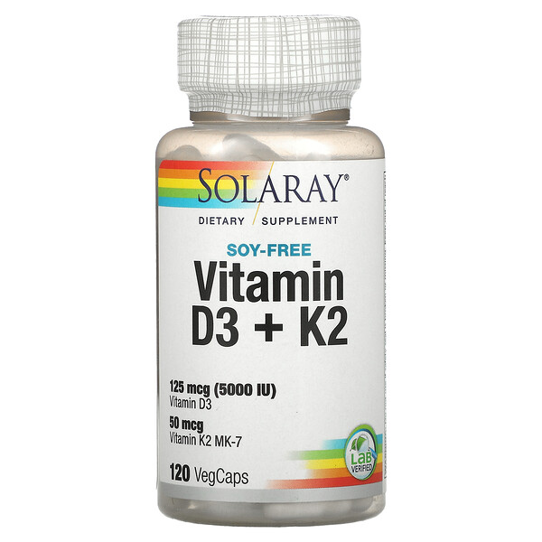 Solaray, витамины D3 и K2, без сои, 120 вегетарианских капсул