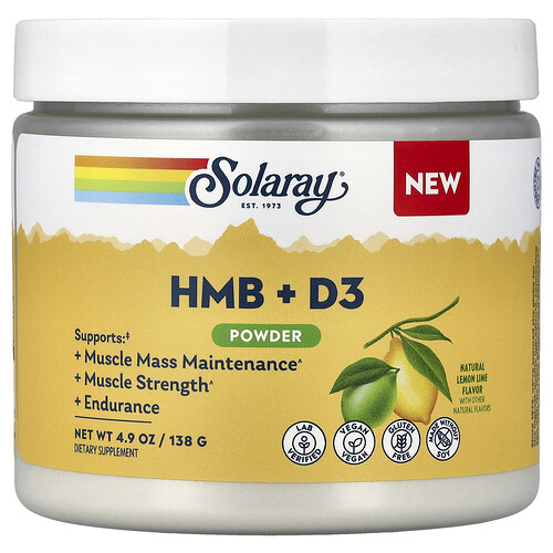 Solaray HMB + D3 Powder, Natural Lemon Lime, 4.9 oz (138 g)