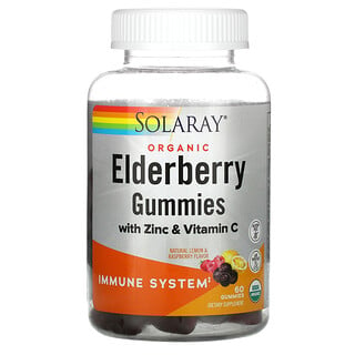 Solaray, Organic Elderberry Gummies With Zinc & Vitamin C, Natural Lemon & Raspberry, 60 Gummies