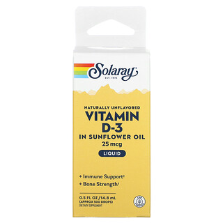 Solaray, Vitamine D-3 in zonnebloemolie, van nature niet-gearomatiseerd, 25 mcg, 0,5 fl oz (14,8 ml)