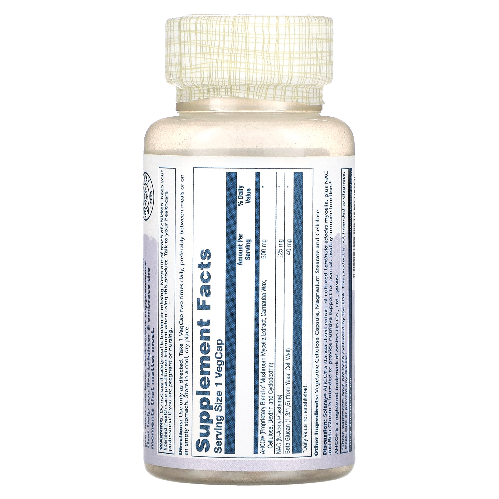 Solaray, AHCC Plus NAC & Beta Glucan With Mushroom Mycelia Extract, 30