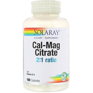 Solaray, Citrato Cal-Mag, proporção 2:1 com vitamina D-3, 180 cápsulas