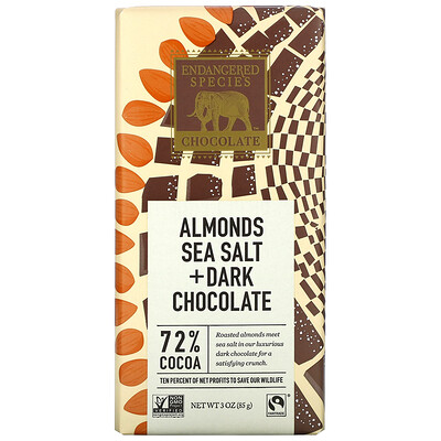 Endangered Species Chocolate черный шоколад с миндалем и морской солью, 72% какао, 85 г (3 унции)