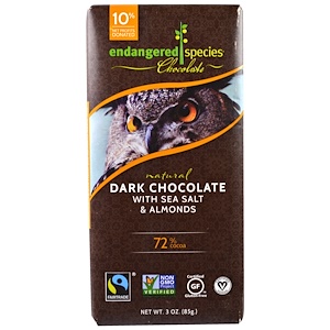 Endangered Species Chocolate, Натуральный темный шоколад с морской солью и миндалем, 3 унции (85 г)