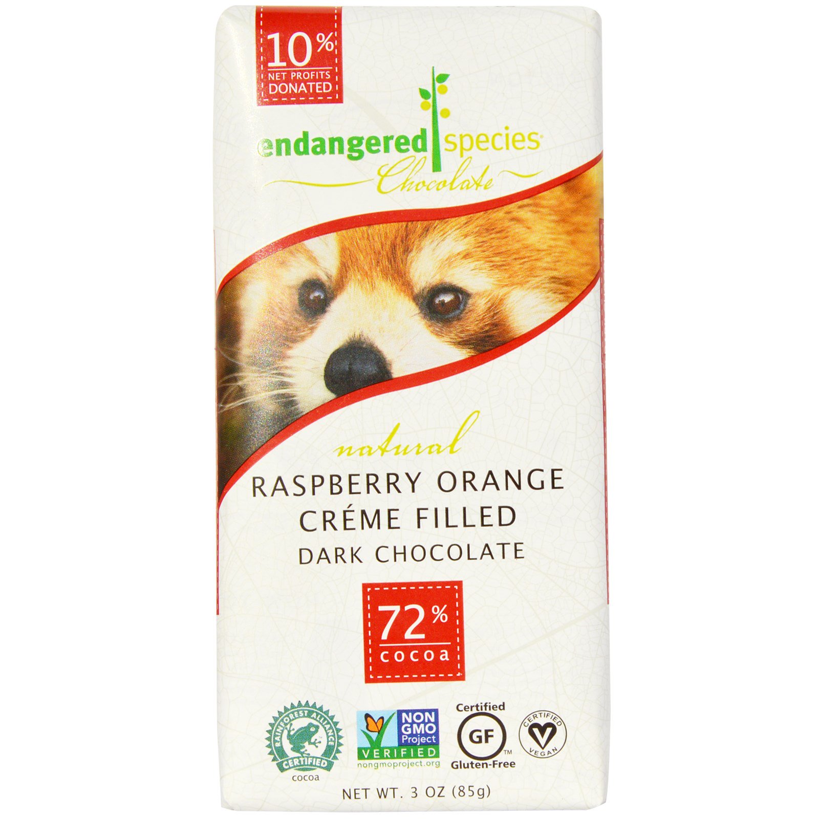 Endangered species chocolate Raspberry Orange creme filled Dark chocolate 72% cocoa (037014000269)