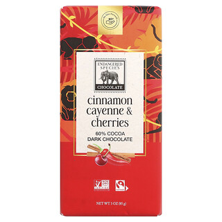 Endangered Species Chocolate, Mørk sjokoladeplate, kanel, cayennepepper og kirsebær, 60 % kakao, 85 g