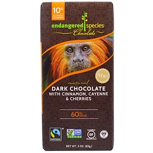 Endangered Species Chocolate, Темный шоколад с корицей, кайенский перец и вишни, 3 унции (85 г)