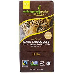 Endangered Species Chocolate, Темный шоколад с лимоном и маковым семенем, натуральный, 3 унции (85 г)