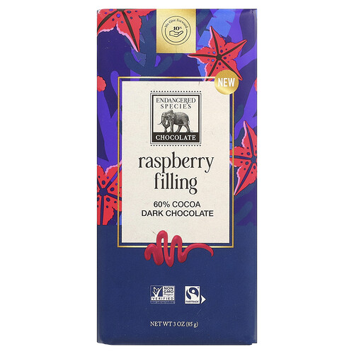 Endangered Species Chocolate, Dark Chocolate Bar, Dunkle Schokoladenriegel, Himbeerfüllung, 60% Kakao, 85 g (3 oz.)
