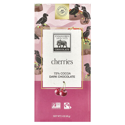 Endangered Species Chocolate, Cherries Dark Chocolate, dunkle Schokolade mit Kirschen, 72% Kakao, 85 g (3 oz.)