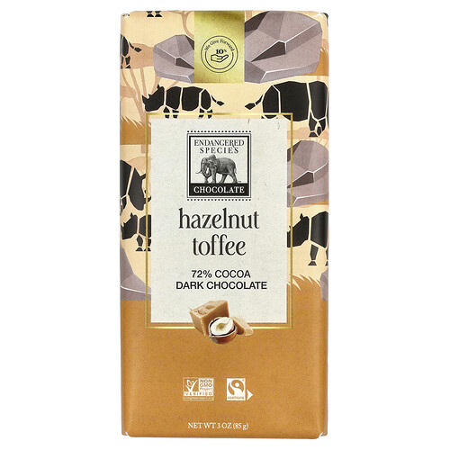Endangered Species Chocolate, Haselnuss-Toffee + dunkle Schokolade, 72% Kakao, 3 oz (85 g)