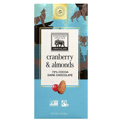 Endangered Species Chocolate  Cranberry & Almonds Dark Chocolate  72% Cocoa  3 oz (85 g)