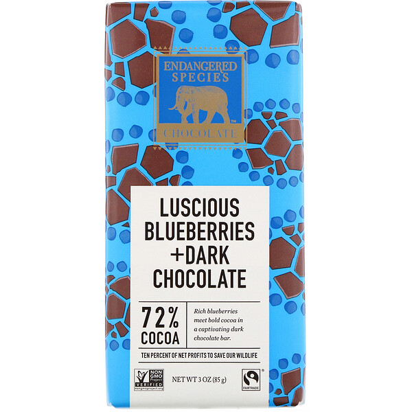 Endangered Species Chocolate, Luscious Blueberries + Dark Chocolate, 72% Cocoa, 3 oz (85 g)