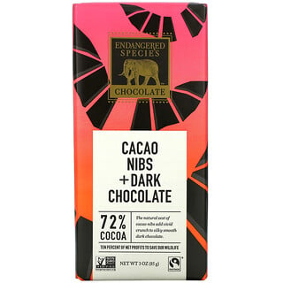 Endangered Species Chocolate, حبات الكاكاو + شيكولاتة داكنة، 72% كاكاو، ، 3 أونصة (85 جم)