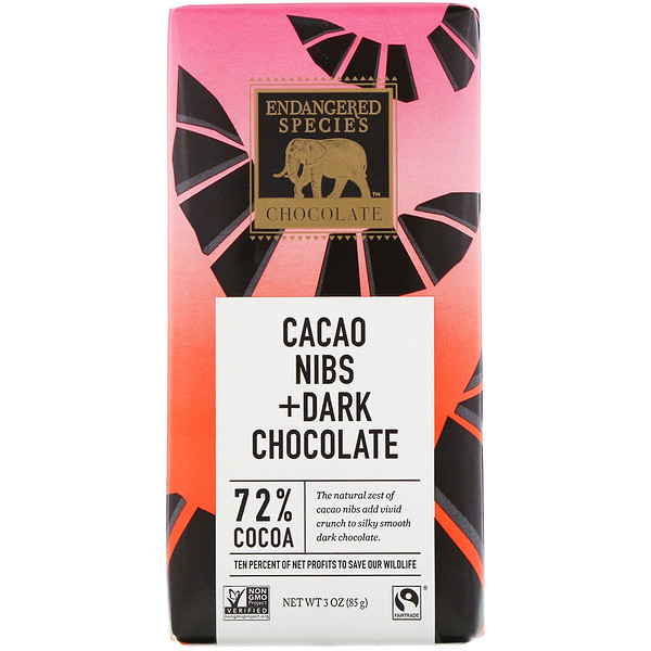 Endangered Species Chocolate, Cacao Nibs + Dark Chocolate, 72 Cocoa, 3