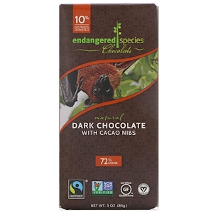 Endangered Species Chocolate, Natural Dark Chocolate with Cacao Nibs, 3 oz (85 g)