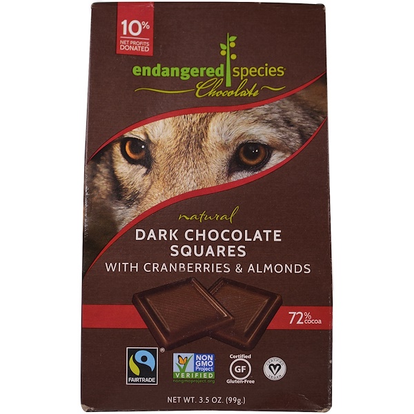 Endangered Species Chocolate, Натуральный темный шоколад с клюквой и миндалем, 3,5 унции (99 г) (Discontinued Item) 