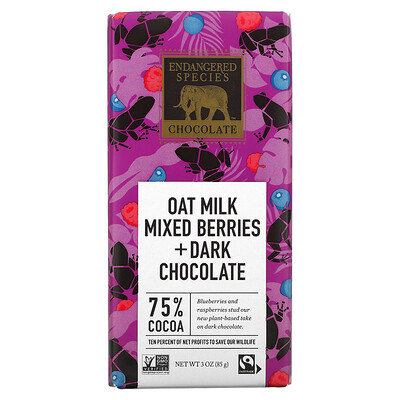 Endangered Species Chocolate Овсяное молоко, смесь ягод + темный шоколад, 75% какао, 3 унции (85 г)