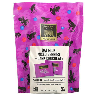 Endangered Species Chocolate Ягоды из овсяного молока + темный шоколад, 75% какао, 12 шт. В индивидуальной упаковке