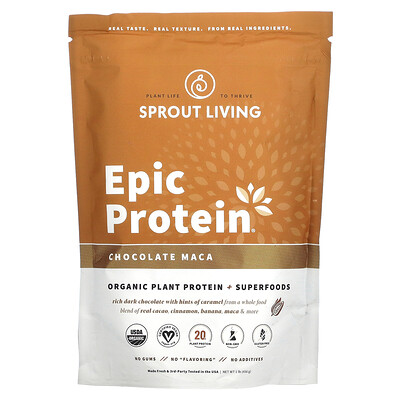 Sprout Living Epic Protein, органический растительный протеин и суперпродукты, шоколад и мака, 455 г (1 фунт)