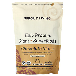 Sprout Living, Epic Protein, Proteína vegetal orgánica y superalimentos, Maca con chocolate, 455 g (1 lb)