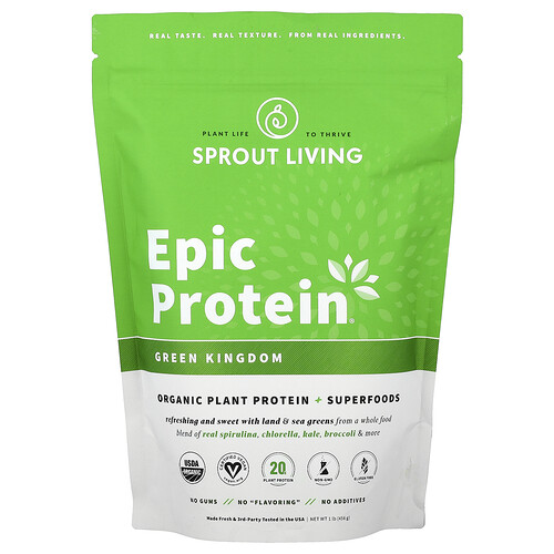 Sprout Living, Epic Protein®, Organic Plant Protein + Superfoods, pflanzliches Bio-Protein und Superfoods, grünes Königreich, 456 g (1 lb.)
