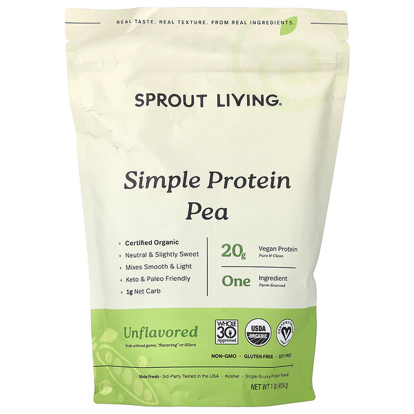 Sprout Living Simple Pea Protein, Unflavored, 1 lb (454 g)