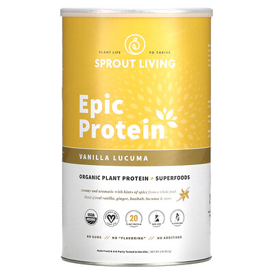 

Sprout Living Epic Protein, органический растительный протеин и суперфуды, ваниль и лукума, 910 г (2 фунта)
