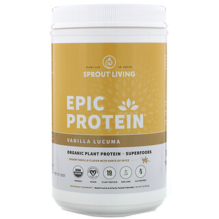 Sprout Living, Epic Protein, Proteína vegetal orgánica y superalimentos, Vainilla y lúcuma, 910 g (2 lb)