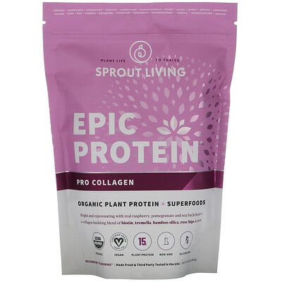 Sprout Living Epic Protein, Organic Plant Protein + Superfoods, Pro Collagen, 0.8 lb (364 g)