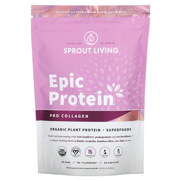 بروتين Epic Protein، بروتين نباتي عضوي + أطعمة فائقة القيمة الغذائية، برو كولاجين، 0.8 رطل (364 جم)