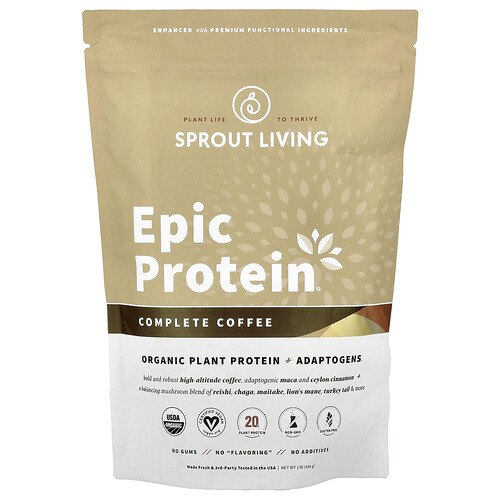 Sprout Living Epic Protein®, Organic Plant Protein + Adaptogens, Complete Coffee, 1 lb (456 g)