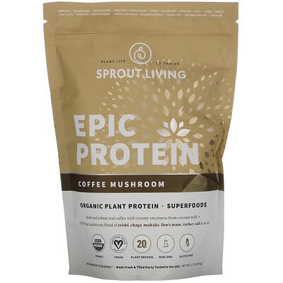 Sprout Living Epic Protein, Organic Plant Protein + Superfoods, Coffee Mushroom, 1.1 lb (494 g)