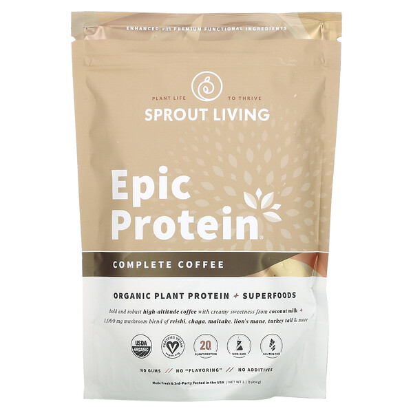 Sprout Living, Epic Protein, органический растительный протеин и суперфуды, оригинальный кофе, 494 г (1,1 фунта)