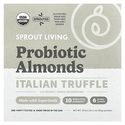 Sprout Living, Probiotic Almonds, Italian Truffle with Reishi + Chaga Mushrooms , 10 Packets, 1 oz (28 g) Each