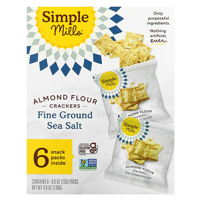 Simple Mills Крекеры из миндальной муки, морская соль мелкого помола, 6 пакетиков по 23 г (0,8 унции)